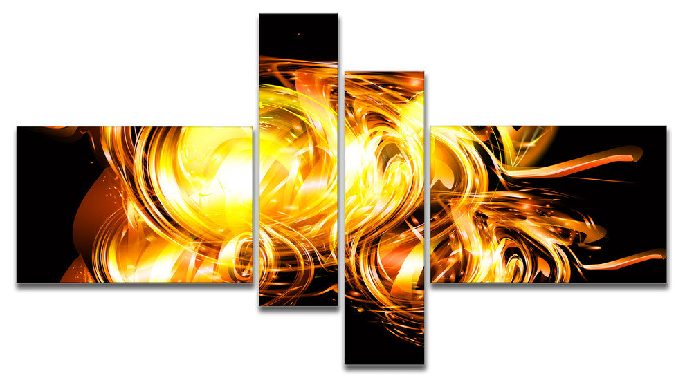 Abstract Fractal Fire on Black, Abstract Canvas Wall Art, 60"x32", 4 panels