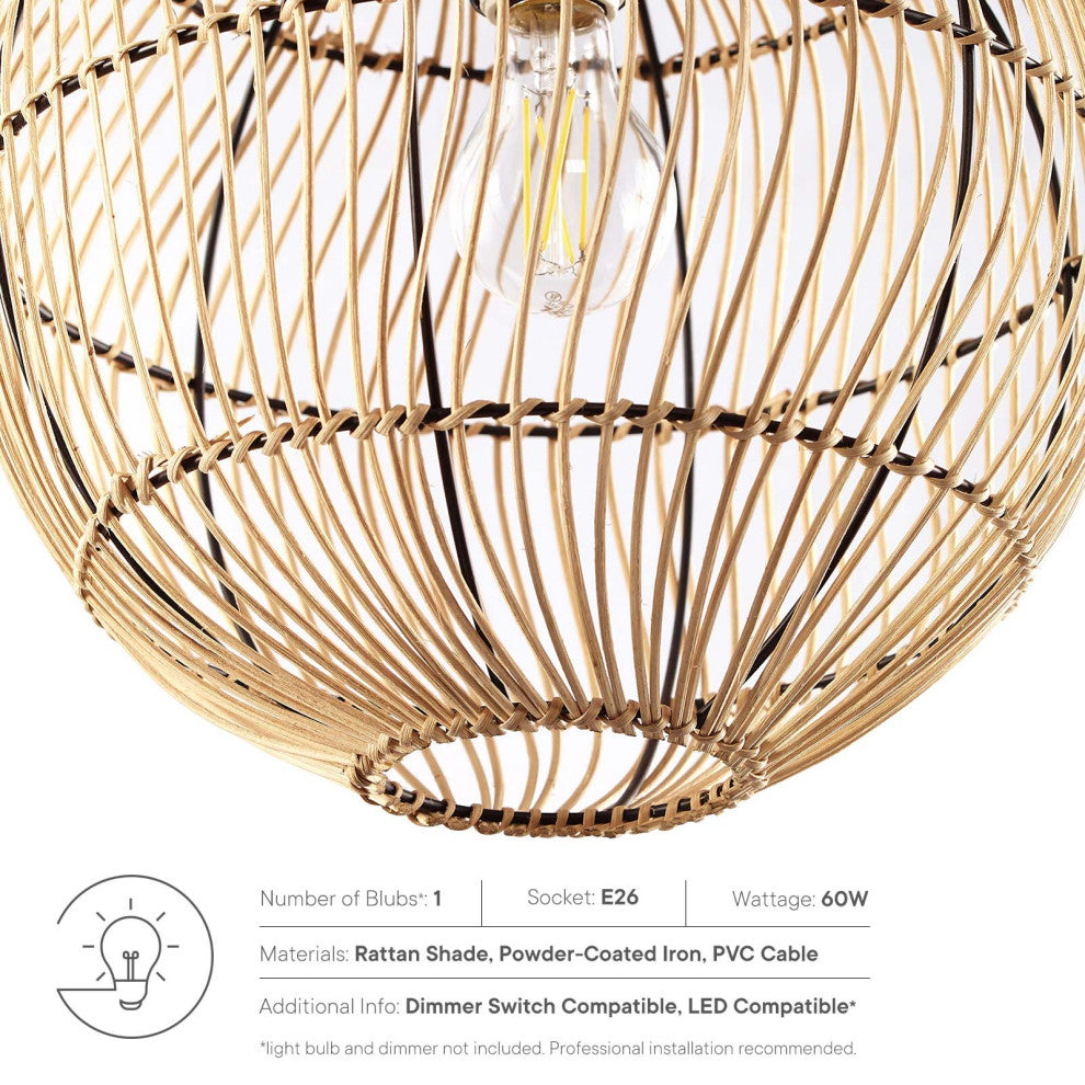 Pendant Ceiling Light Fixture, Brown Natural, Wood, Modern, Mid Century