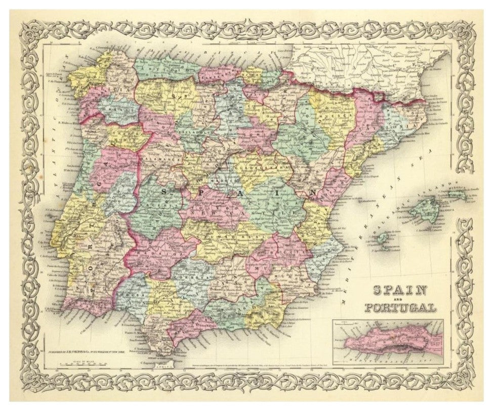 "Spain and Portugal, 1856" Digital Paper Print by G.W. Colton, 32"x27"