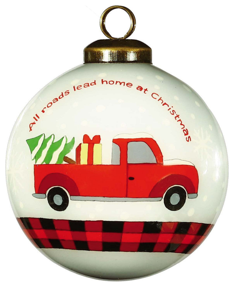 Red Pickup Truck With Presents Hand Painted Mouth Blown Glass Ornament