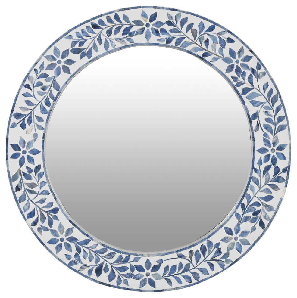 Blue Leaf Bone Inlay Round Mirror, 26"