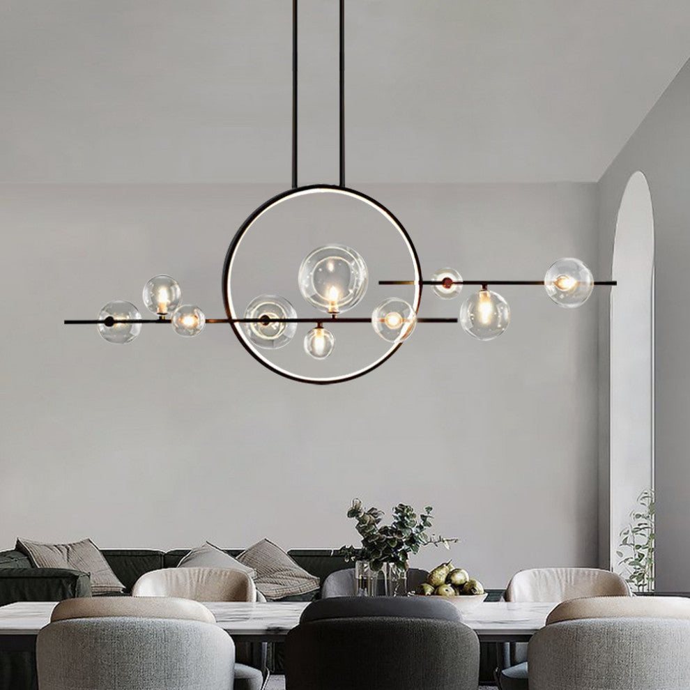 Bubi Modern Kitcehn Island Light for Dining Room with Glass Globe Shade, Black, 10-Light