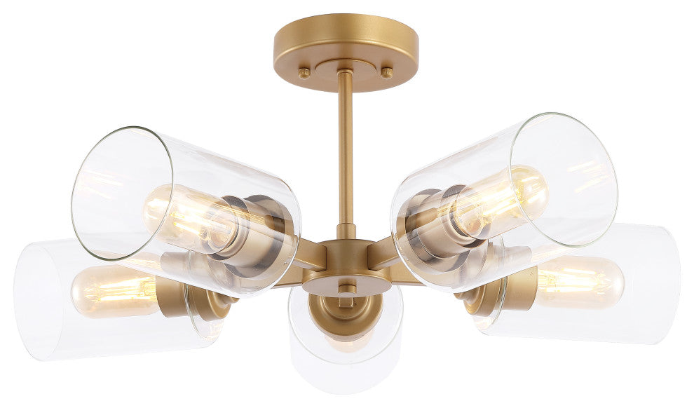 Jaynie 21.5" 5-Light Farmhouse Iron LED Semi Flush Mount, Brass Gold/Clear