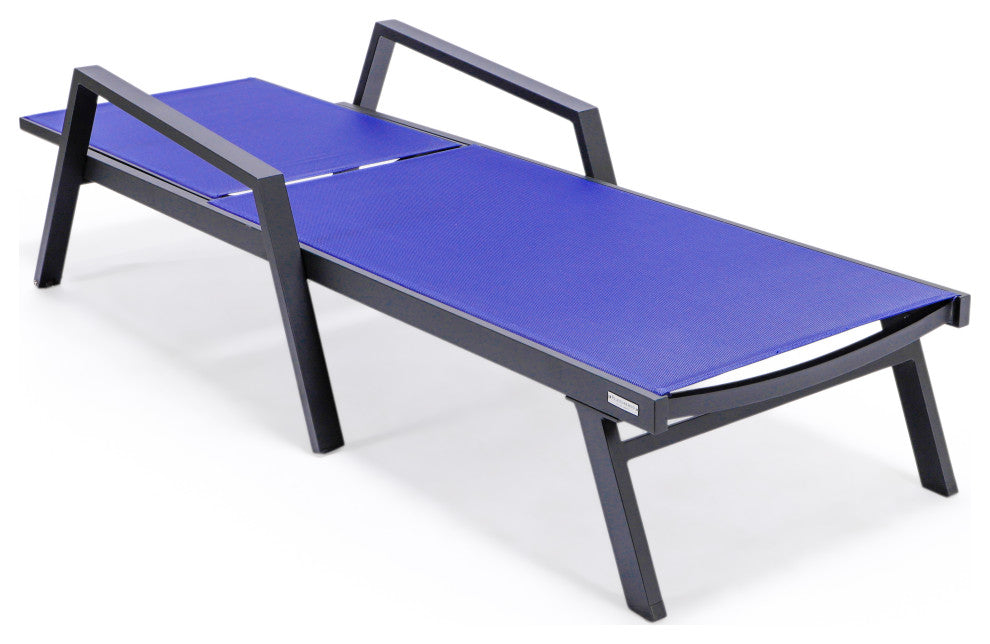 LeisureMod Marlin Chaise Lounge Chair With Arms and Fire Pit Table, Navy Blue