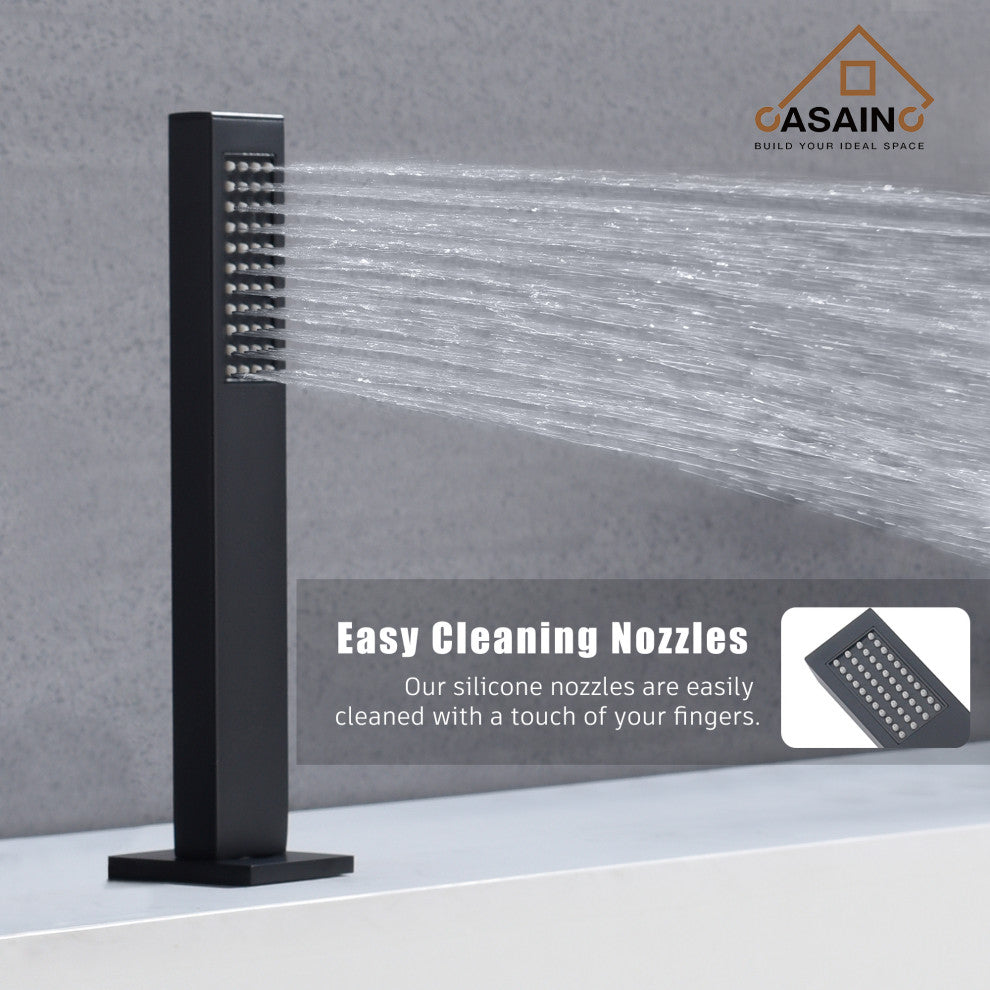 CASAINC Roman 5 Hole Waterfall Faucet Set with Bathtub Handheld Shower Head, Matte Black