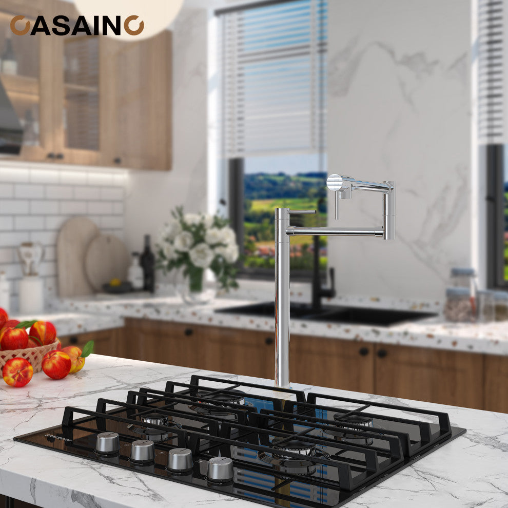 Pot Filler Faucet Deck Mount Stove Kitchen Faucets Dual Handle Folding Faucet, Chrome Plating