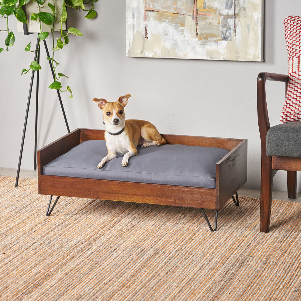 Bonneville Mid-Century Modern Pet Bed With Acacia Wood Frame, Dark Oak