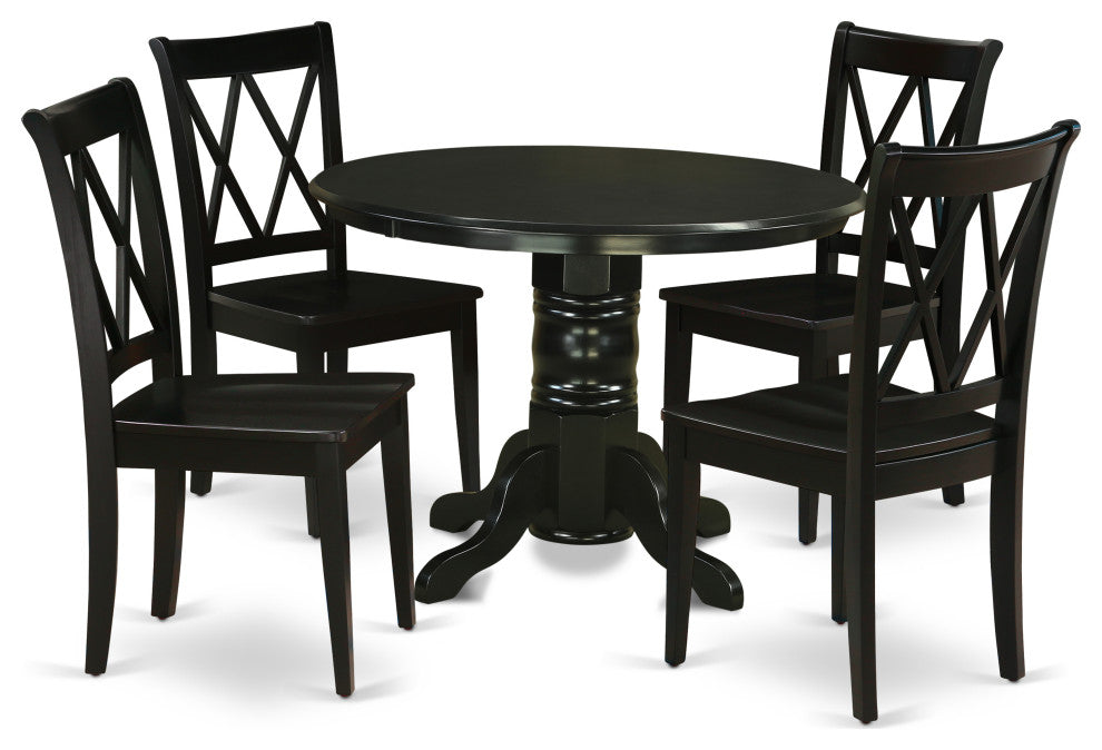 5Pc Round 42 Inch Family Table And Four Wood Seat Dining Chairs