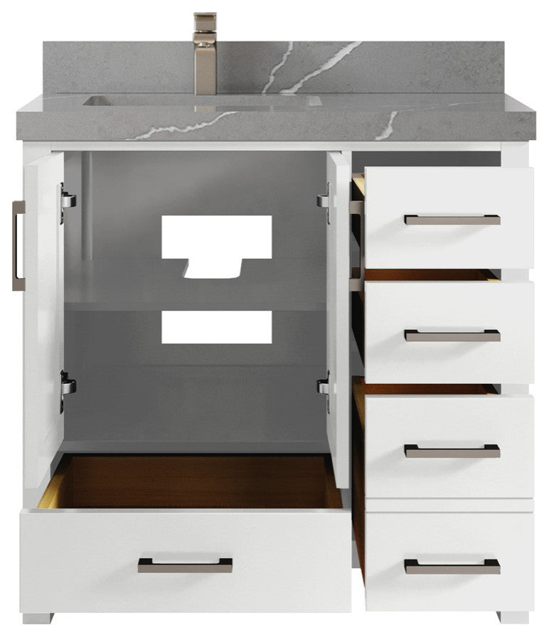 Malibu 36 Left Offset Bath Vanity in White  2" Piatra Gray