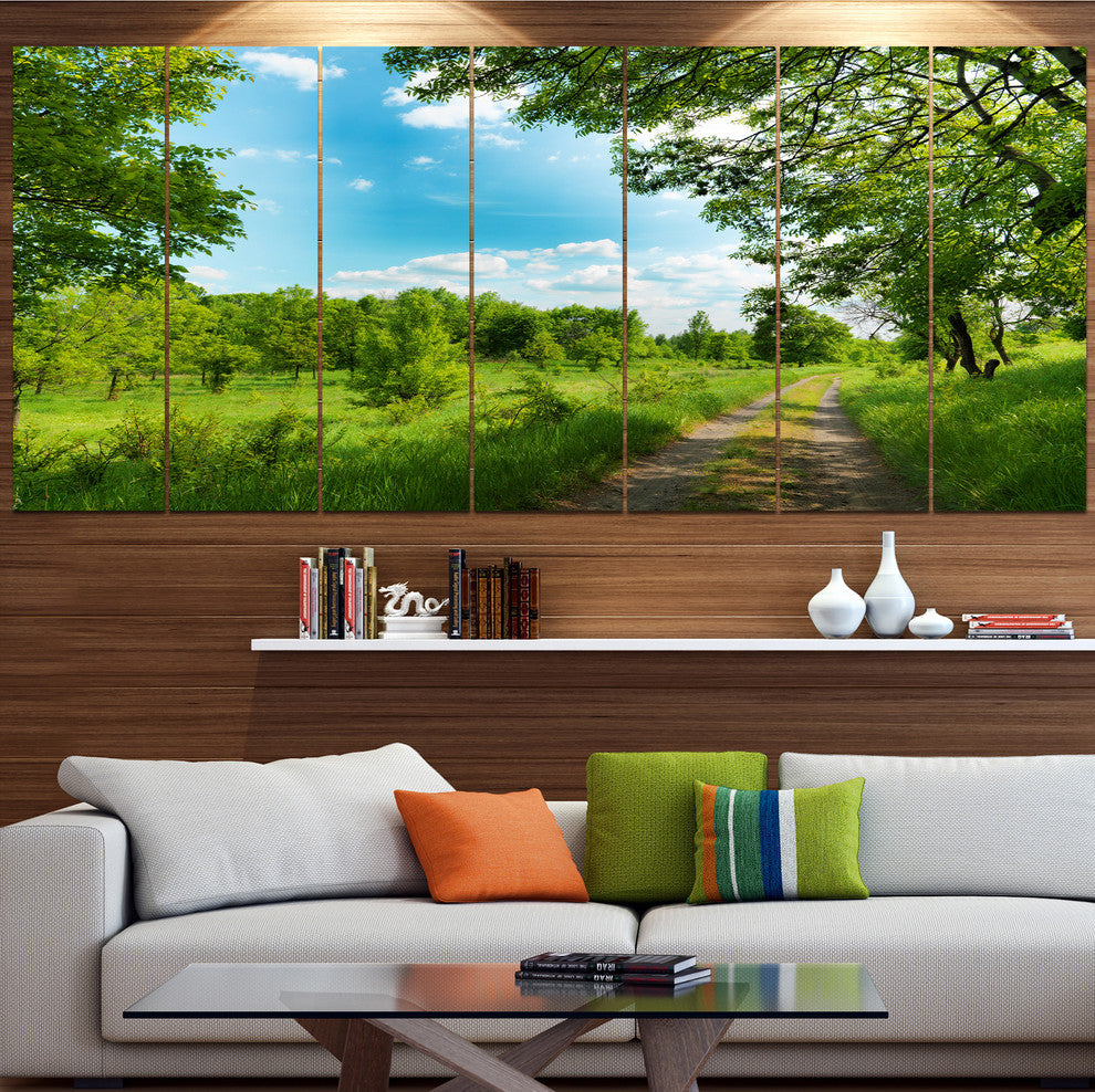 Green Forest Road and Blue Sky, Modern Landscape Canvas Art, 83"x32", 7 Panels