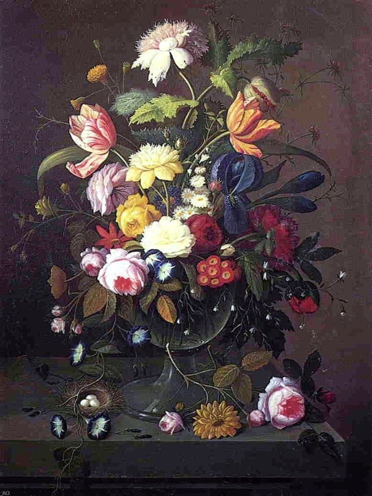 Severin Roesen Vase of Flowers in Footed Glass Bowl With Bird's Nest Canvas Wrap