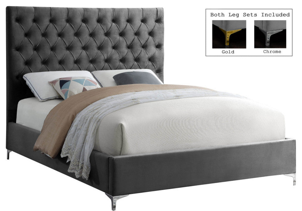 Cruz Velvet Upholstered Bed, Gray, Full