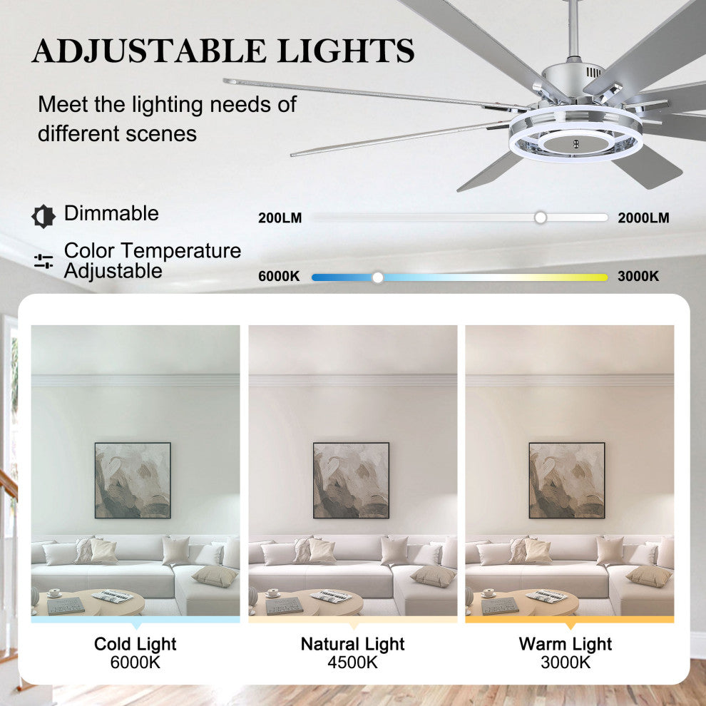 72" Large Ceiling Wood Blade Fan w LED Lights and Remote, Chrome
