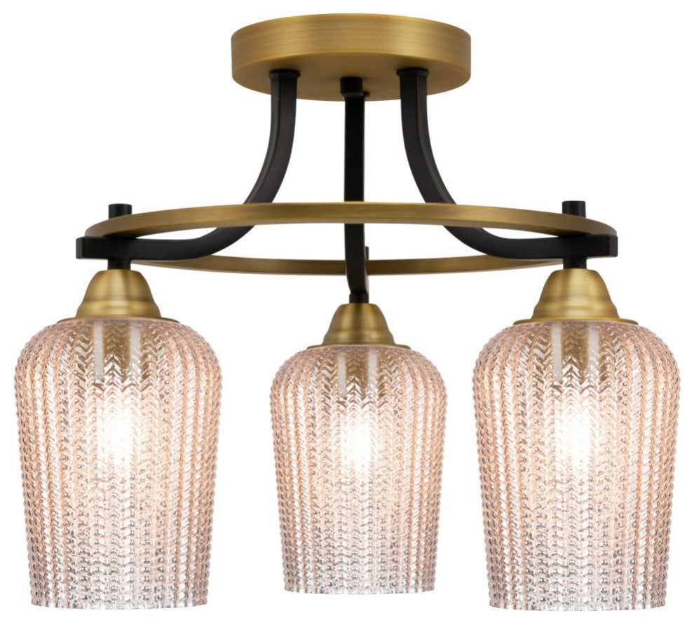 Paramount 3-Light Semi-Flush Light, Matte Black & Brass, 5" Silver Textured