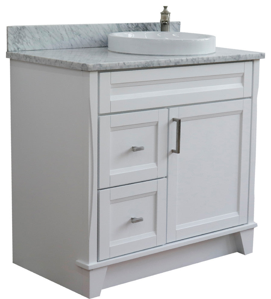 37" Single Sink Vanity, White Finish Top With White Carrara Marble