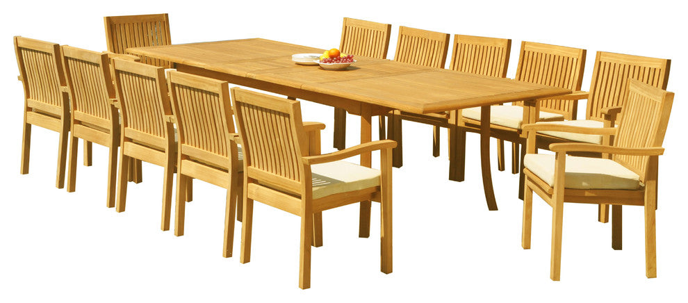 13-Piece Outdoor Teak Dining Set: 117" Rectangle Table, 12 Leveb Stacking Chairs
