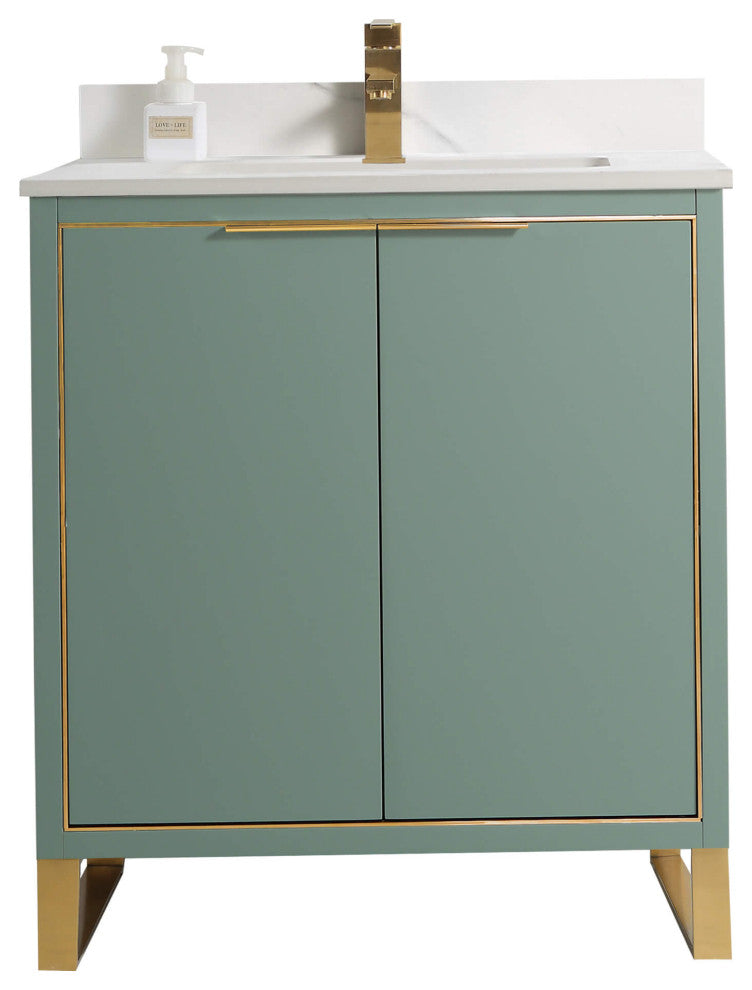 Opulence Bath Vanity, Mint Green, 30", Satin Brass Hardware, White Carrara Top