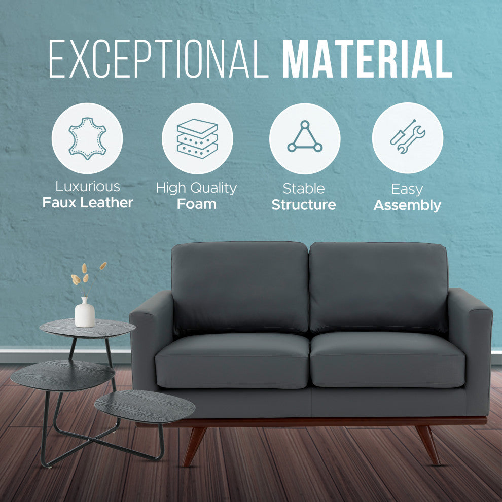 LeisureMod Chester Modern Leather Loveseat With Birch Wood Base, Gray