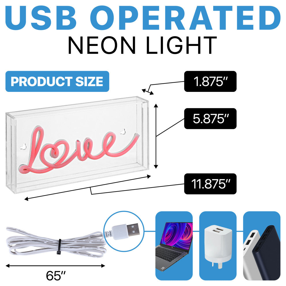 Love 11.88" X 5.88" Acrylic Box USB Operated LED Neon Light, Red