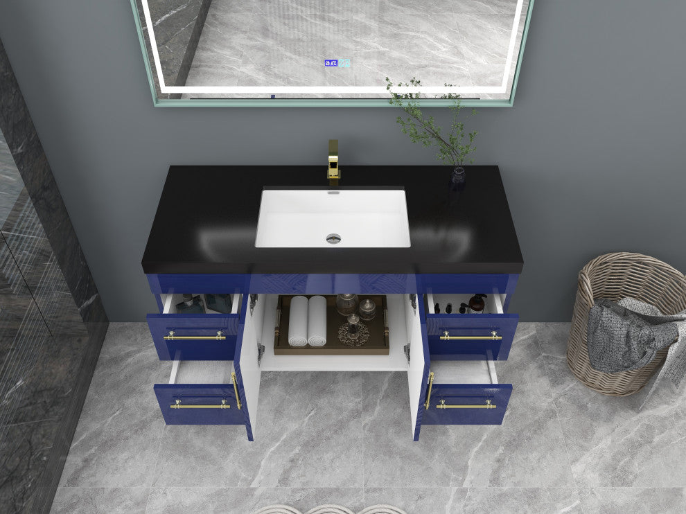 Rosa 48" Wall Mounted Modern Vanity, High Gloss Night Blue, Matt Black Top