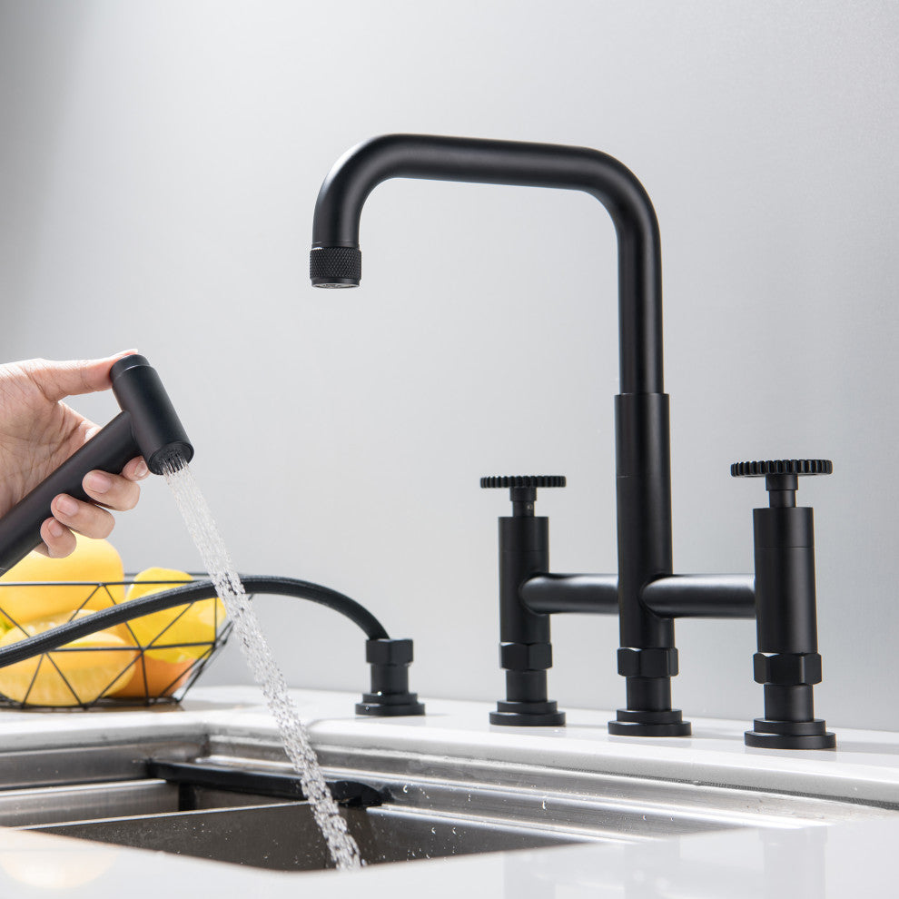 Deck-Mount Bridge Kitchen Sink Faucet With Dual Wheel Handles and Side Sprayer,