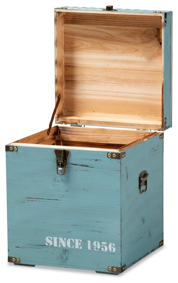 Caye Vintage Striped Fabric Upholstered Light Blue Wood Storage Trunk Ottoman