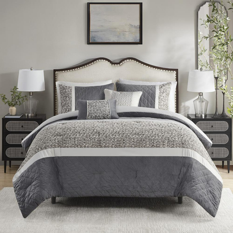 5 Piece Textured Jacquard Stripe Comforter Set with Throw Pillows