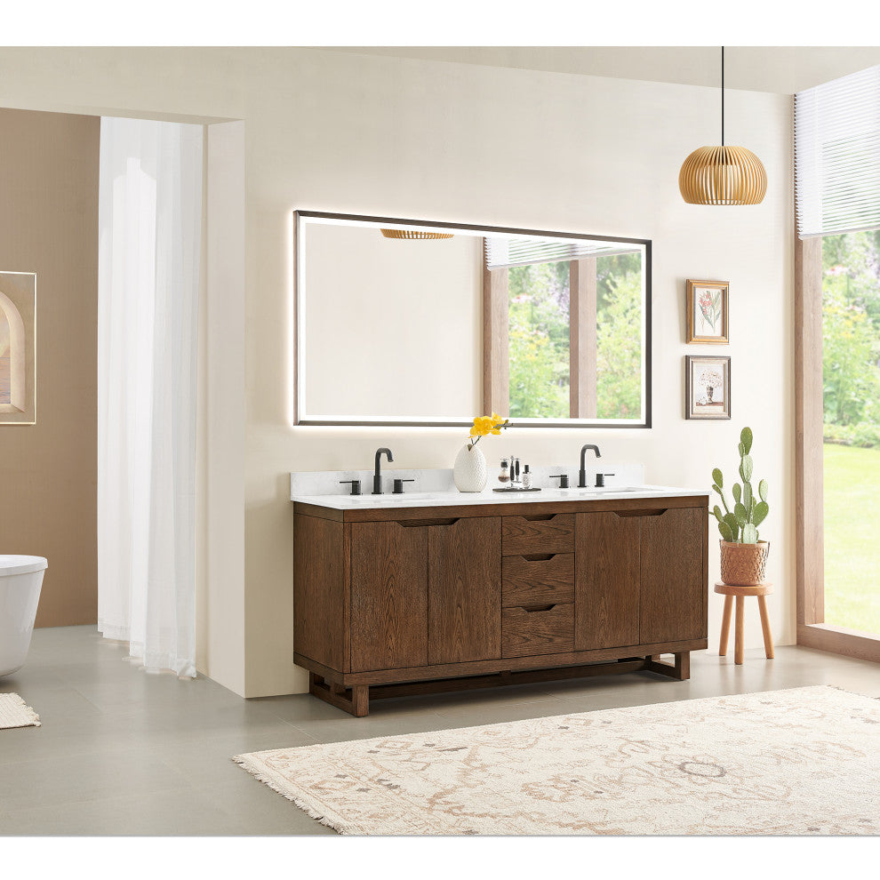 Mowry Bathroom Vanity, Brown Brushed Oak, 72", With Mirror