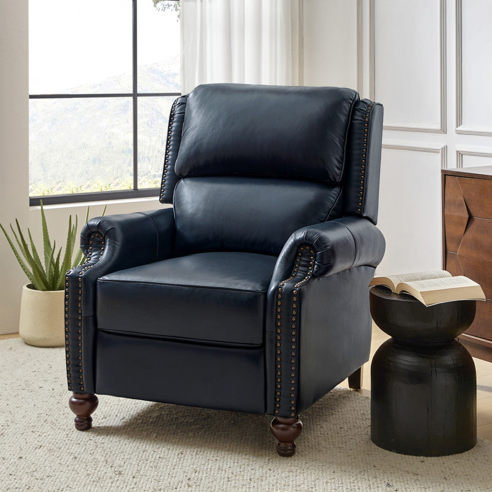 Genuine Leather Cigar Recliner With Nail Head Trim, Navy