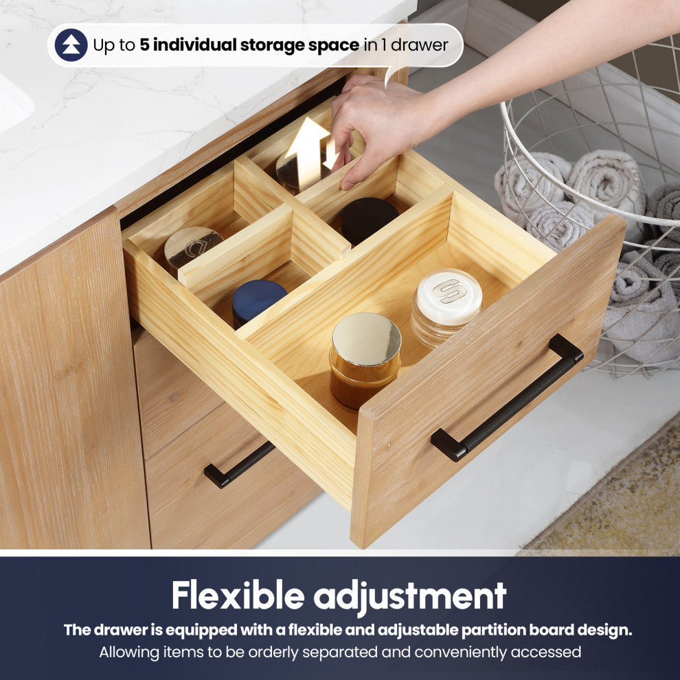 San Bath Vanity with Stone Top, Fir Wood Brown, 42", Single Vanity, No Mirror