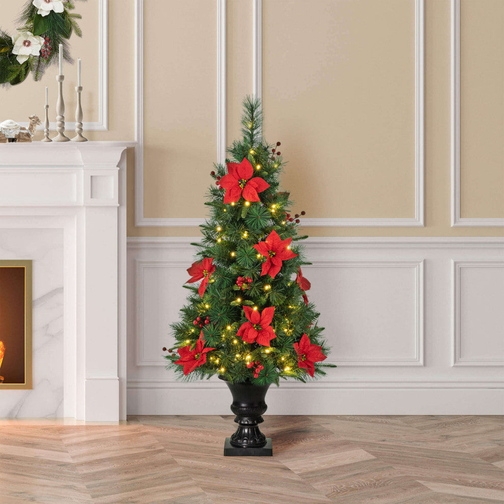 Pre-Lit Pine Artificial Christmas Tree, 4', Poinsettia/Berries