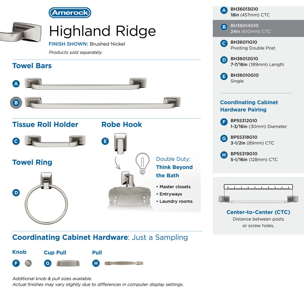 Amerock Highland Ridge Transitional Towel Bar, Brushed Nickel, 24" Center-to-Cen