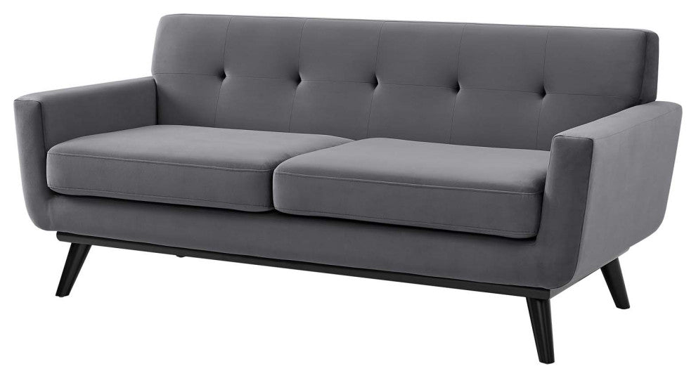 Loveseat Sofa, Gray, Velvet, Modern, Mid Century Hotel Lounge Cafe Lobby