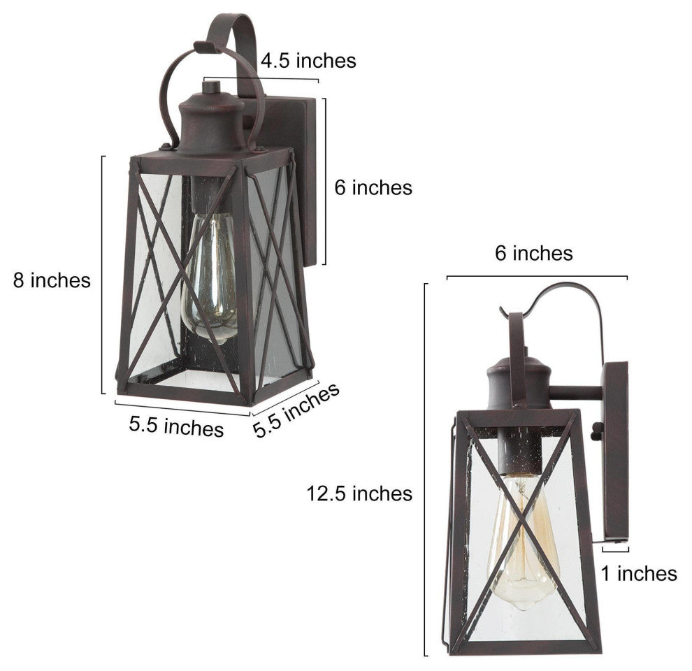 1-Light Seeded Glass X Outdoor Wall Lamp, Set of 2, 12.5"H, Antique Bronze
