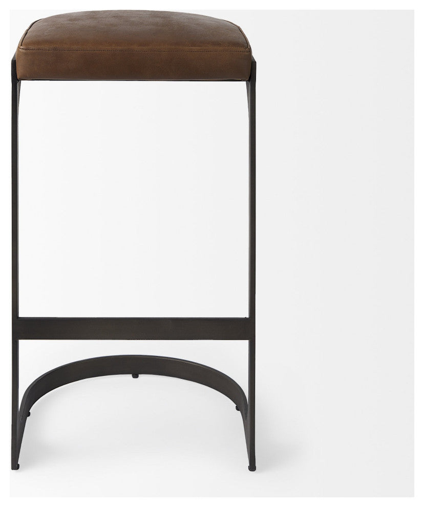 Brown Leather C Shape Metal Bar Stool