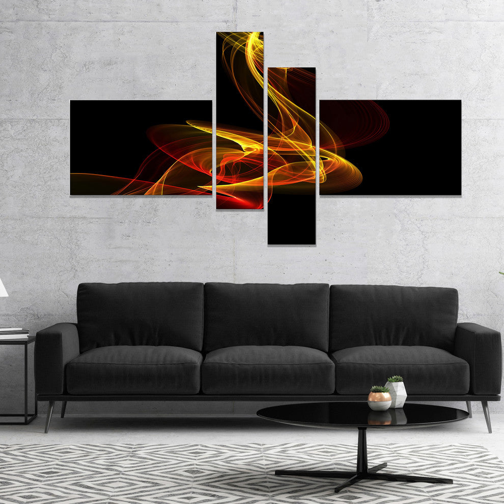 Red Yellow Twisted Waves Fractal, Abstract Canvas Wall Art, 60"x32", 4 panels