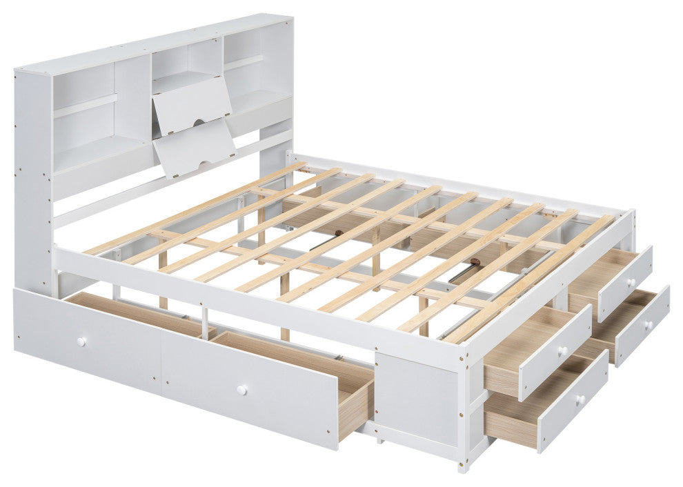 Gewnee King Size Platform Bed with Storage Headboard and 8 Drawers