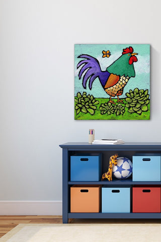 "Rooster and Butterfly" by Janet Nelson Print Wrapped Canvas, 32x32