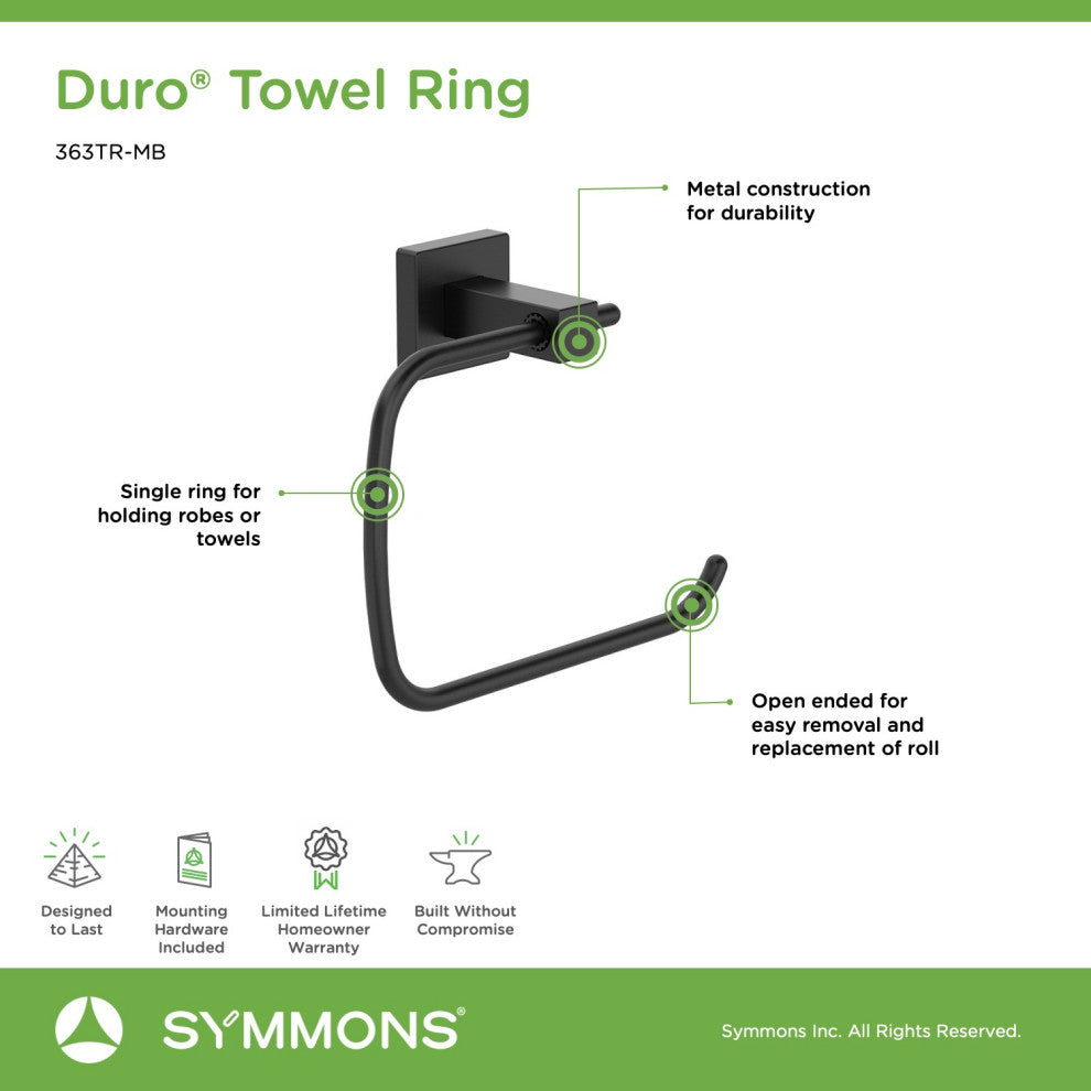 Duro Hand Towel Ring with Mounting Hardware, Matte Black