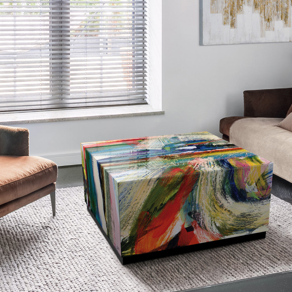 "Graffiti Rock Star I" Printed Glass Cocktail Table with Black Plinth Base