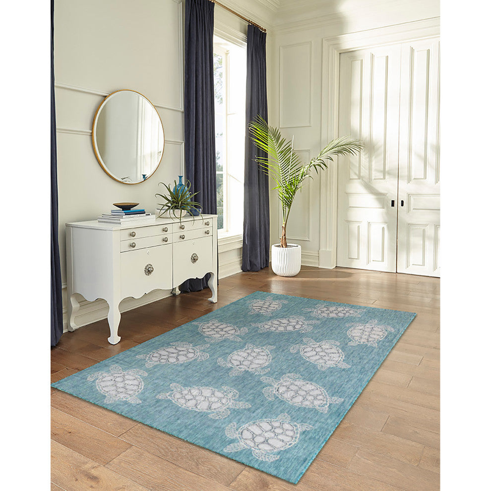 Carmel Seaturtles Indoor/Outdoor Rug, Aqua, 4'10"x7'6"