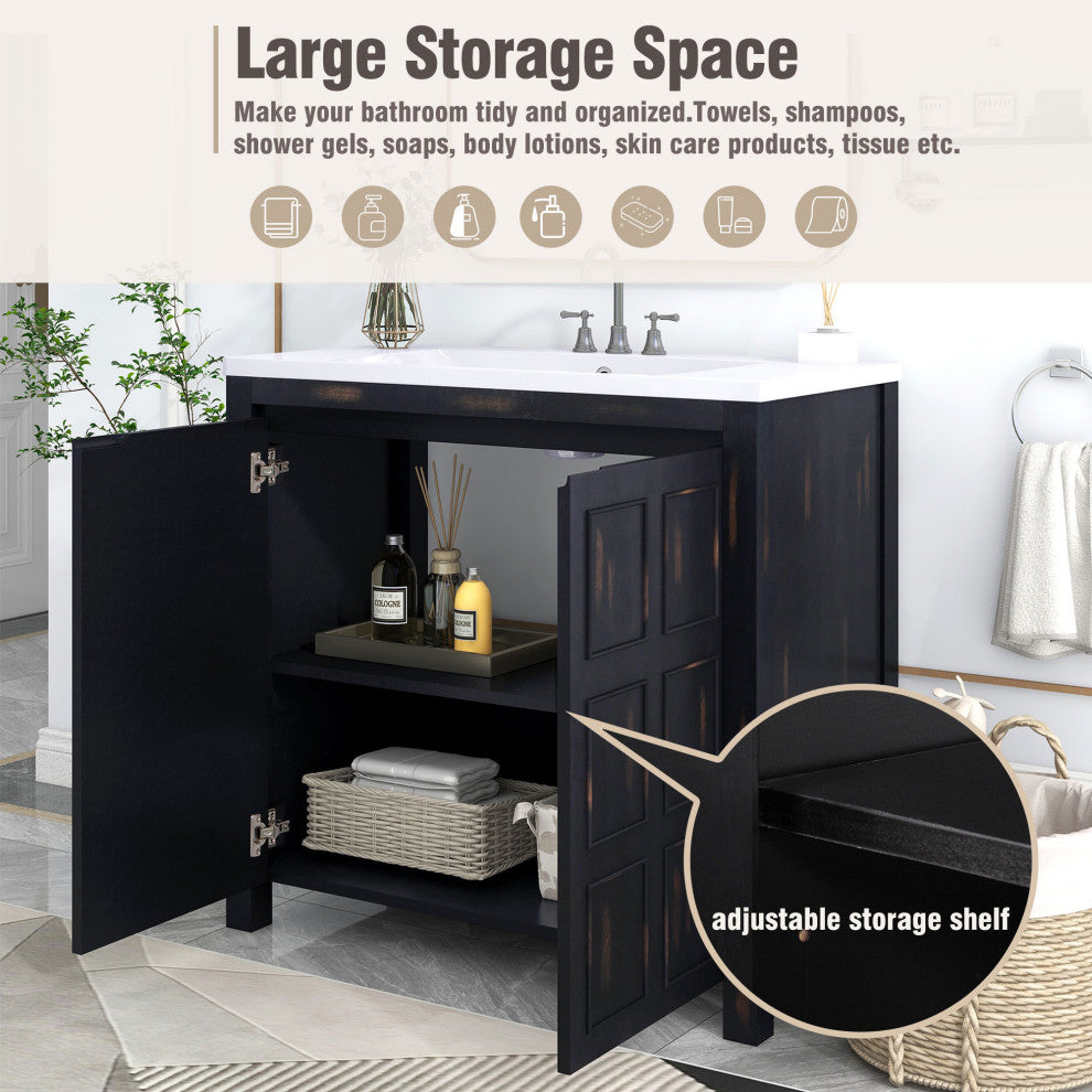 36 inch Freestanding Bath Vanity in Retro Espresso with White Resin Top