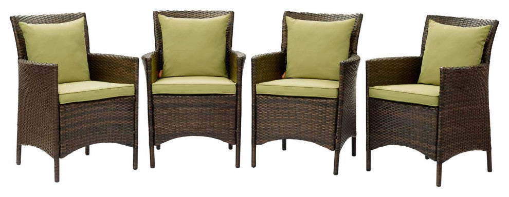 Side Dining Chair Armchair, Set of 4, Rattan, Wicker, Brown Green, Outdoor