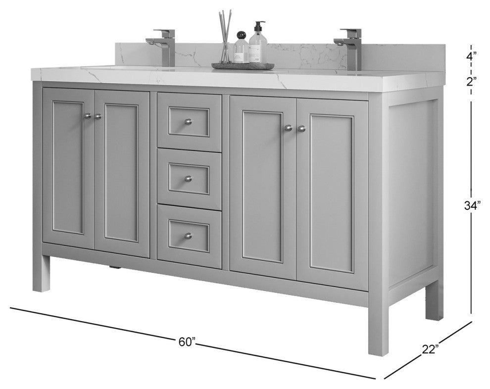 Nashville 60" Double Bathroom Vanity, White 2" Venatino Quartz