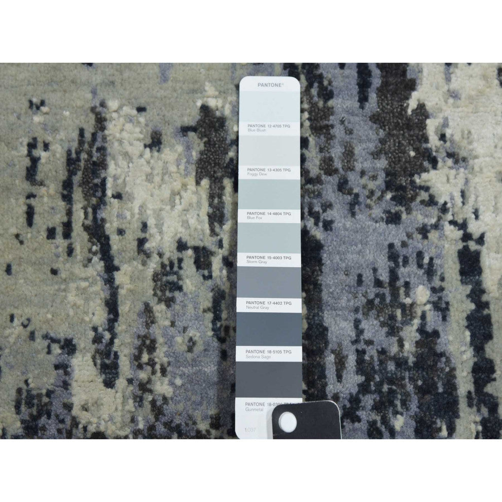 Gray Abstract Design, Wool and Silk, Hand Knotted Runner Rug, 2'6"x8'3"