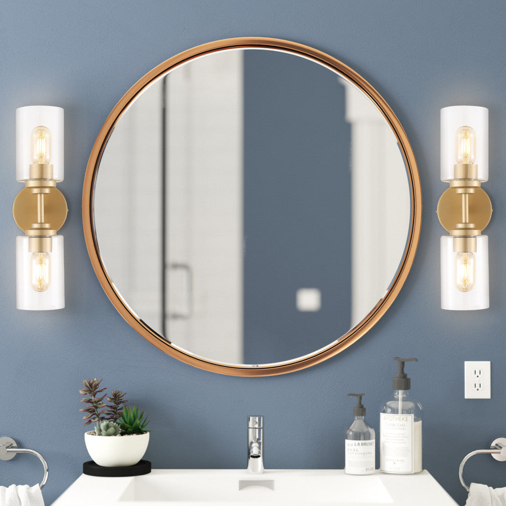 Giles 16" 2-Light Farmhouse Industrial Cylinder LED Vanity, Brass Gold/Clear