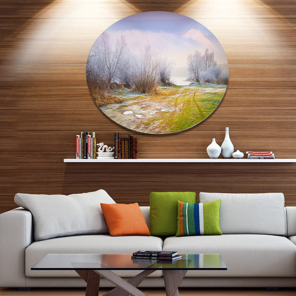 Beautiful Foggy Autumn Sunset, Landscape Art Disc Metal Artwork, 11"