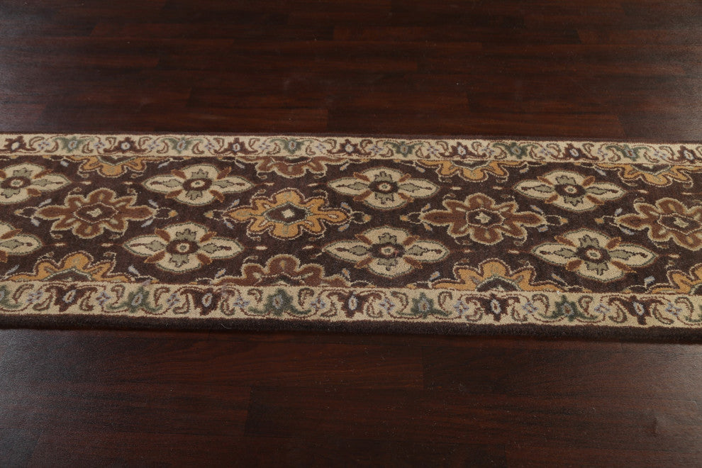 Floral Brown Traditional Oriental Runner Rug Hand-tufted Wool Carpet 3x19