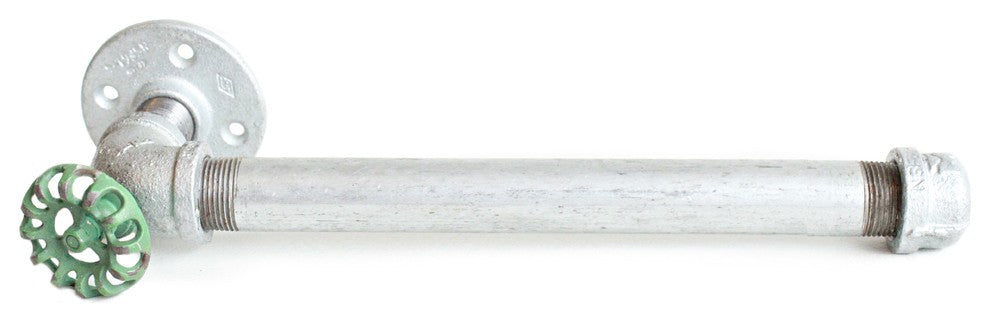 Industrial Pipe Paper Towel Holder, Green Knob, Galvanized Pipe