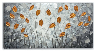 Golden Leaves on Textured Grey Hand-Painted Canvas Art